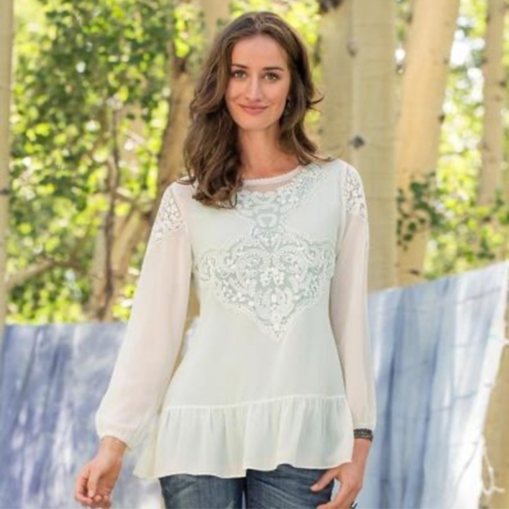 Sundance Annabelle Embroidered sheer & lace tunic  top w/ruffle hem, size XS